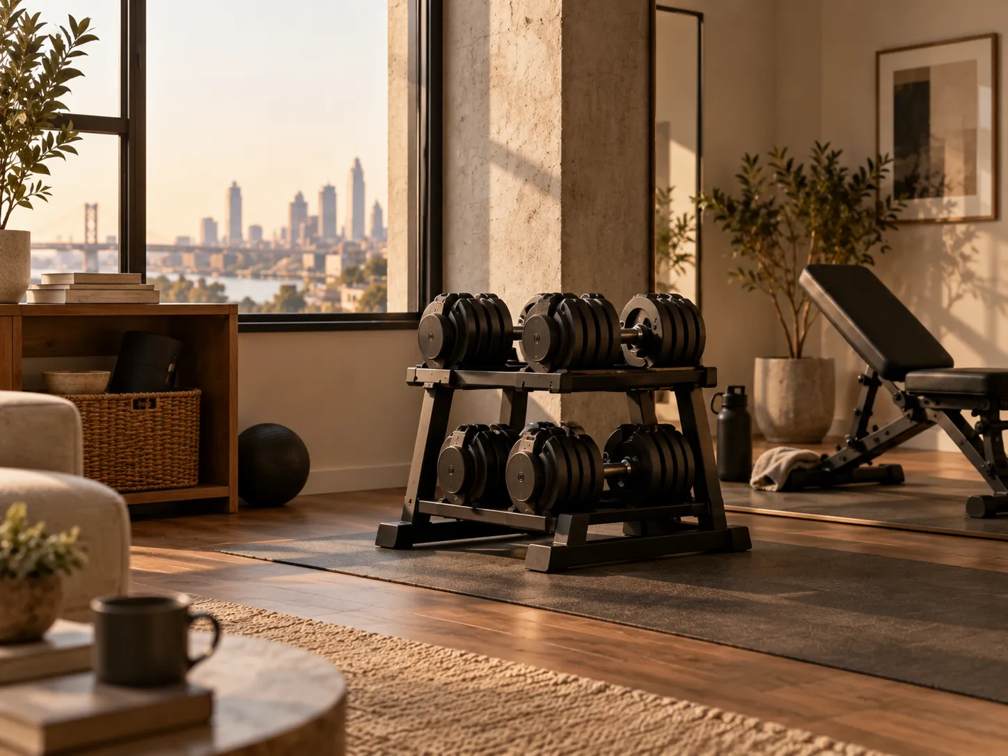 A pair of adjustable dumbbells on a low floor rack in a corner of a room.
