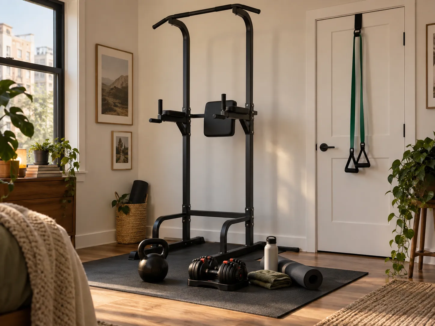 A calm rental apartment training corner with intact, undrilled walls: a freestanding frame on the floor and a resistance band anchored over a closed door.