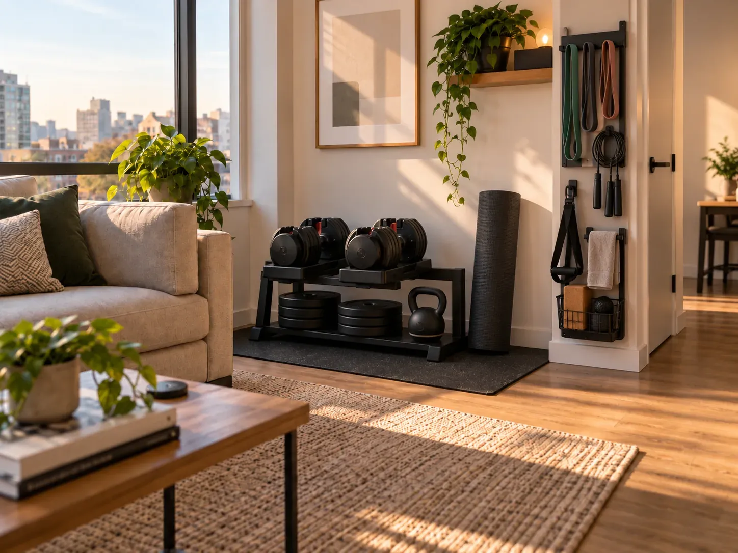 Compact weight-storage corner in a small apartment living room with adjustable dumbbells, a rolled mat and light accessories.