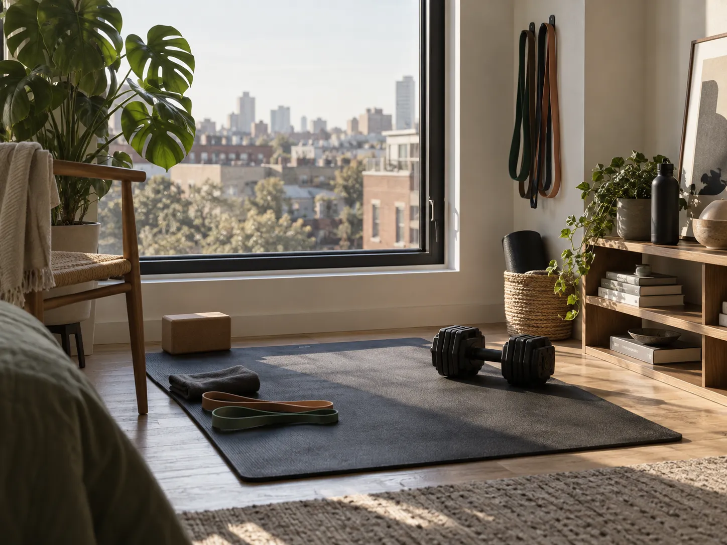 A calm, sunlit corner of an upstairs apartment set up for training, with resistance bands and a coated adjustable dumbbell resting on a mat by a window.
