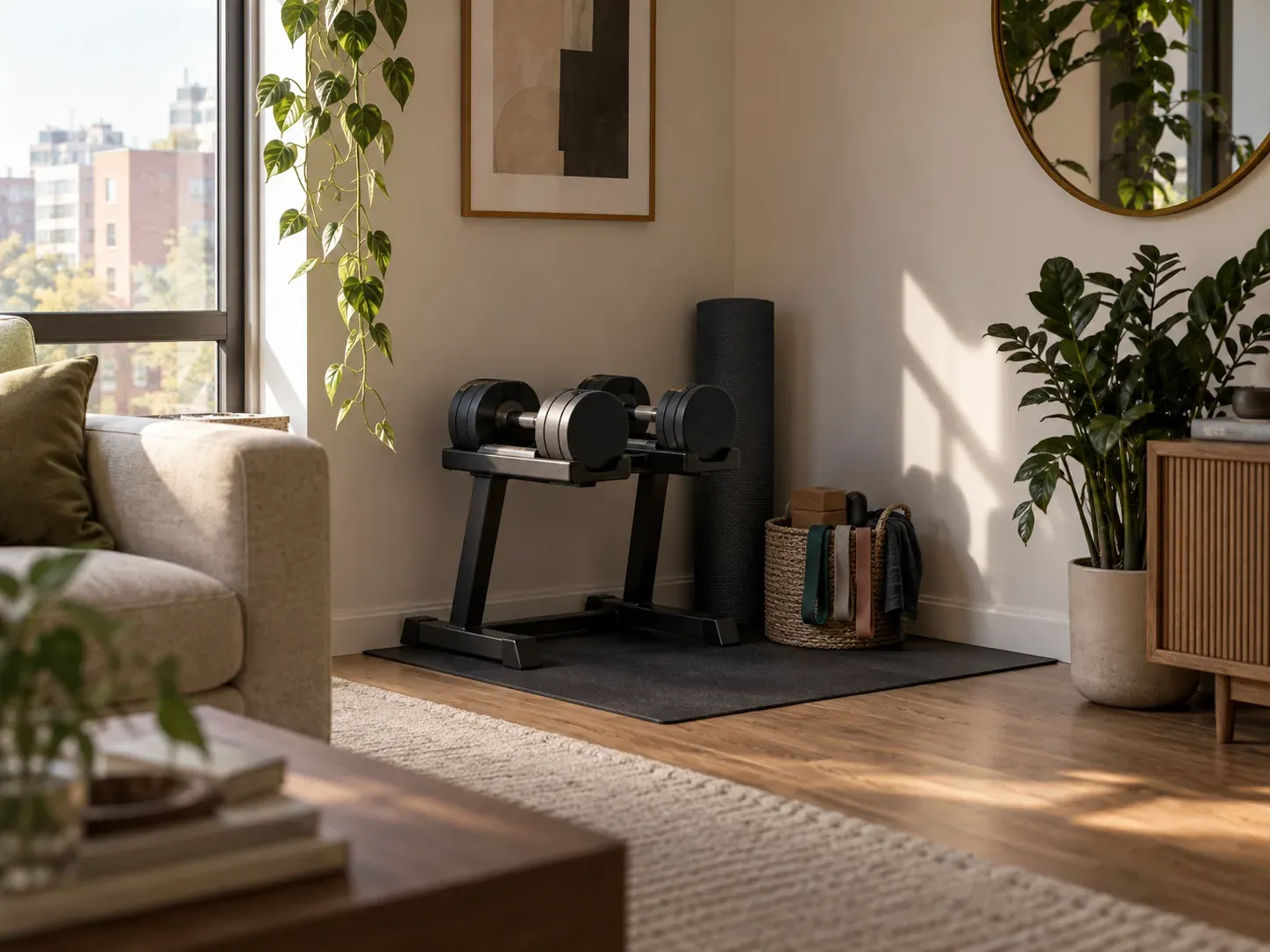 A dedicated weight-storage corner in a small apartment: an adjustable dumbbell pair on its stand, a rolled mat, and a woven basket of resistance bands and accessories.