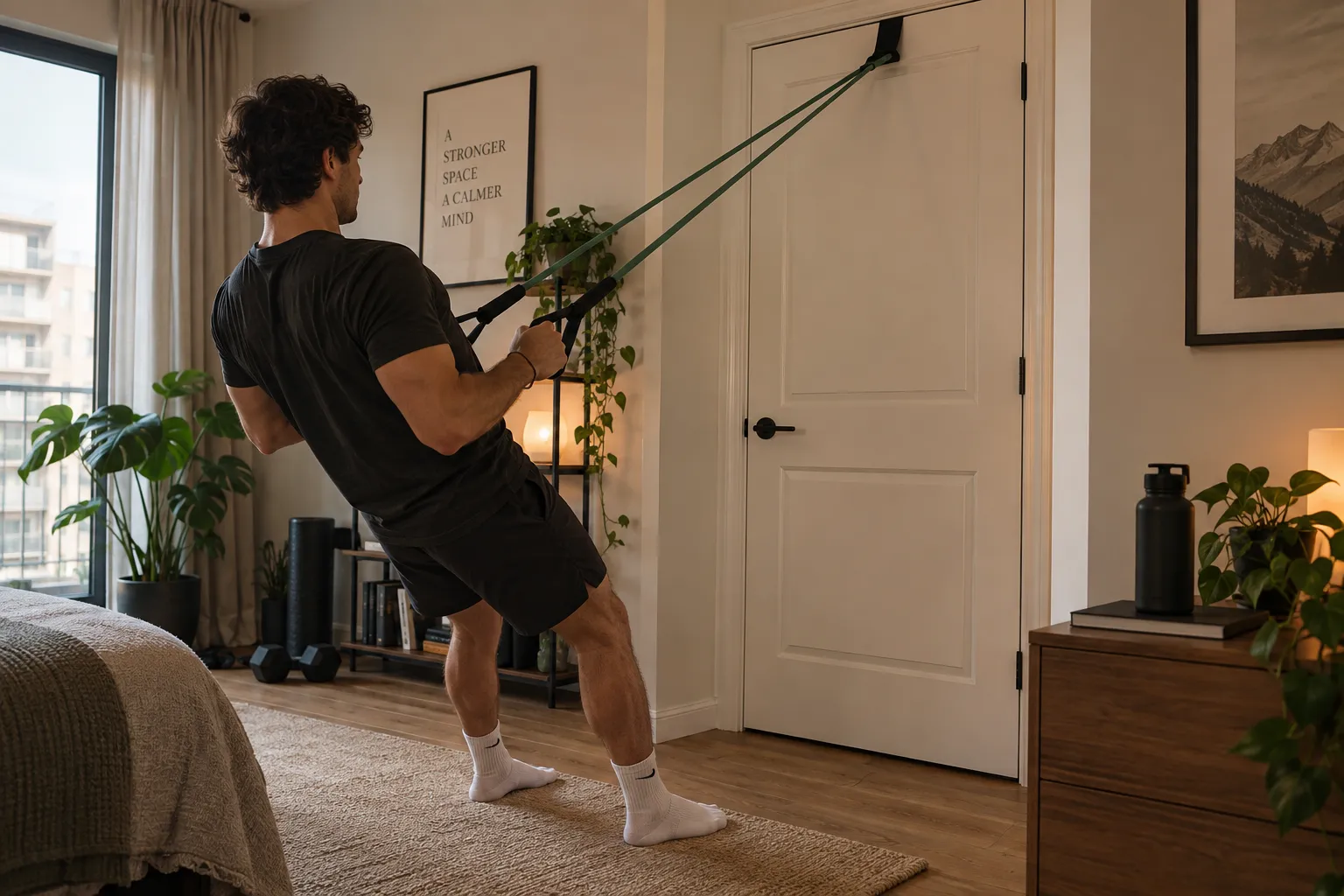 A person training with a resistance band anchored over a door in a small apartment, the door frame and padded contact point visible.