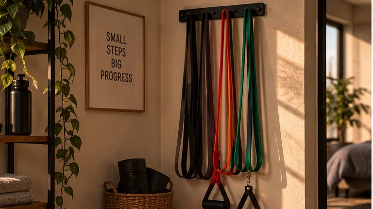 A set of resistance bands with handles hanging from a wall-mounted rack in a corner of a room.