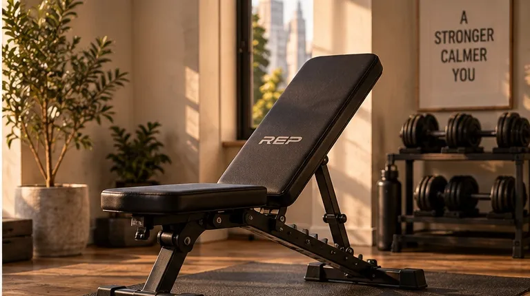 A folding adjustable weight bench, half-folded and leaning against a wall.