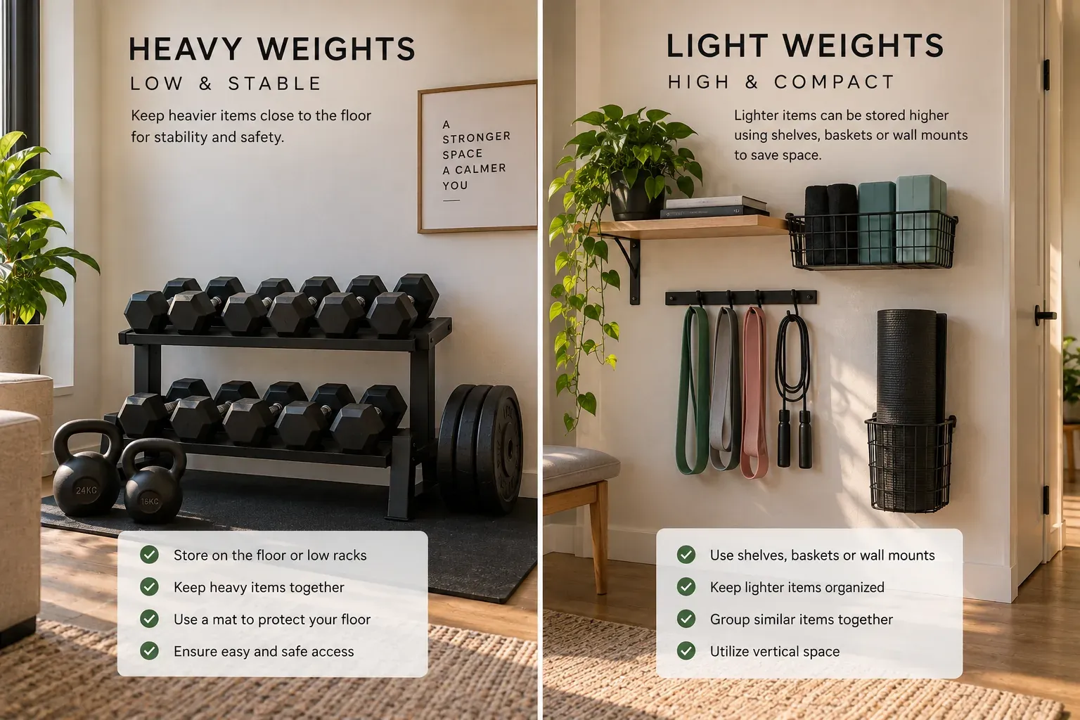 Editorial comparison graphic: heavy weights such as dumbbells and plates stored low and stable on a floor rack, next to light accessories like bands, a jump rope and a mat stored higher on a wall-mounted shelf and hooks.