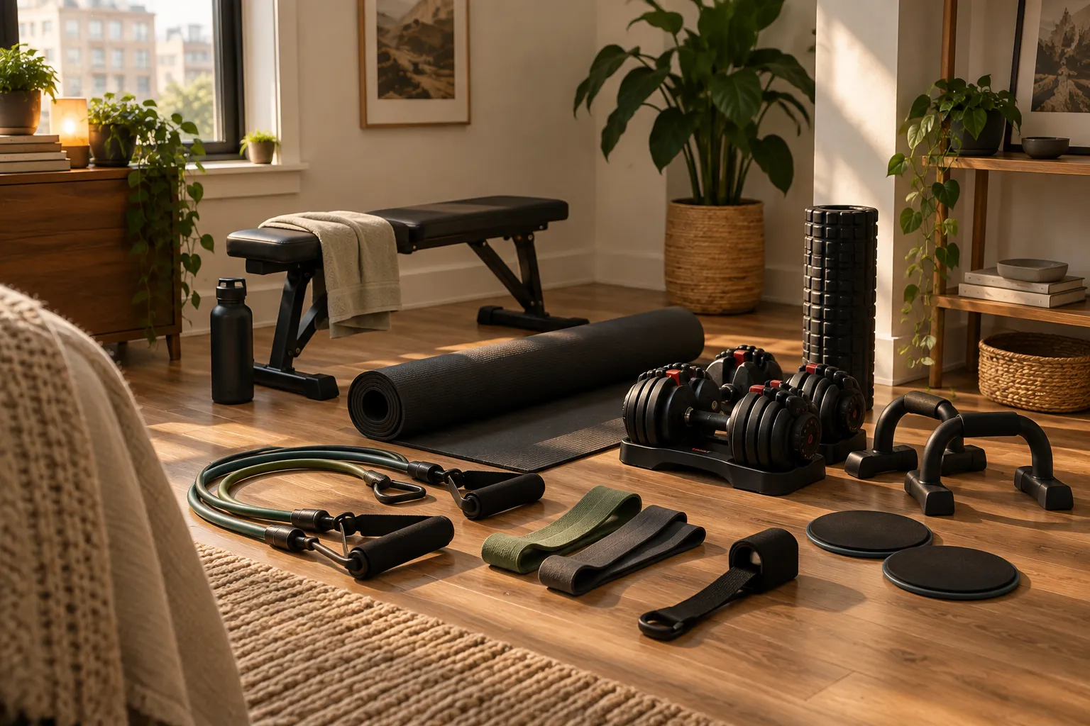 An arranged composition of no-drill training gear on a clean surface: a door anchor and band, a kettlebell, and a floor mat with sliders.