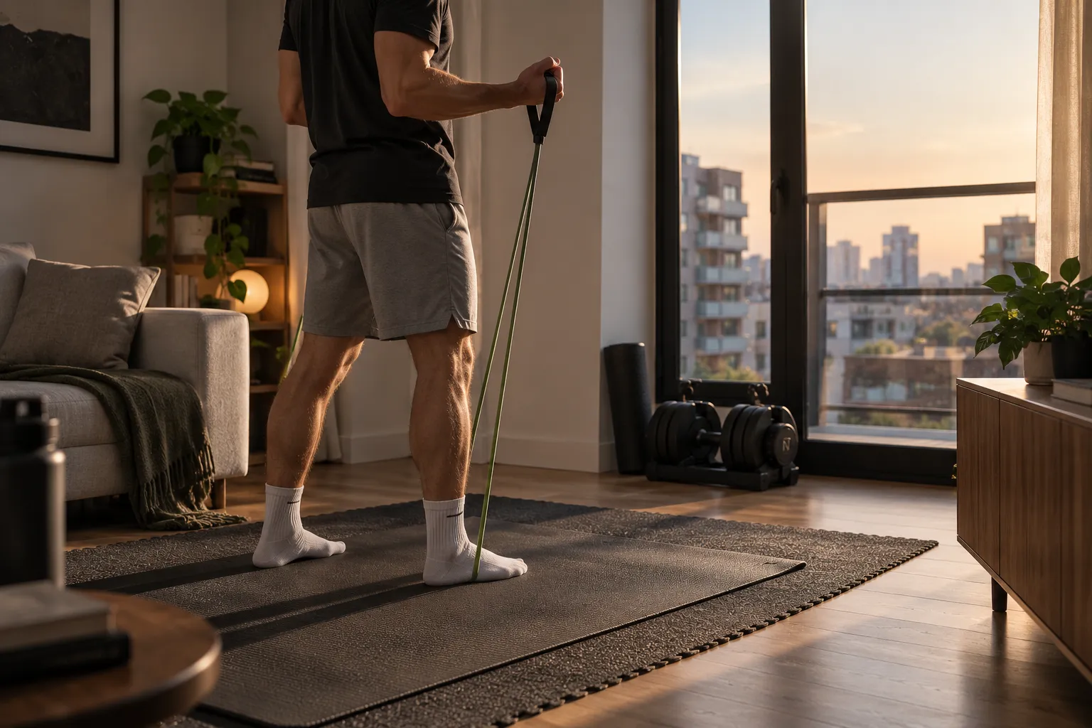 An arranged collection of quiet training gear in a small apartment: resistance bands, adjustable dumbbells, a coated kettlebell, and compact bodyweight accessories.