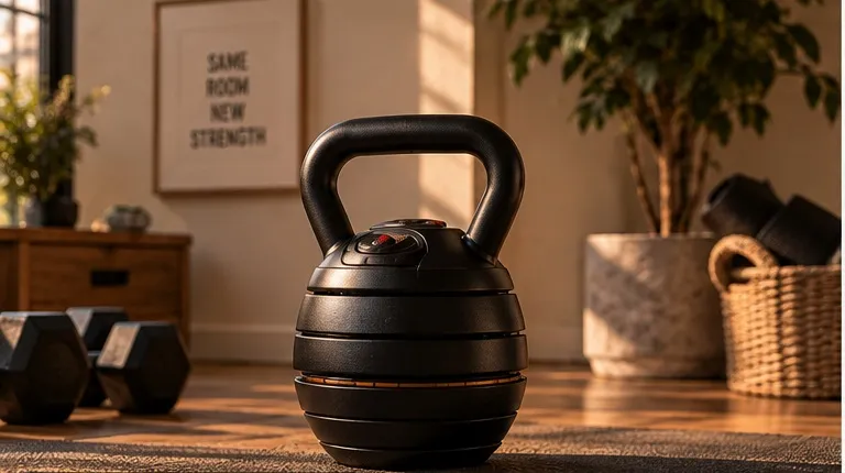 An adjustable kettlebell standing beside a bookshelf in morning light.