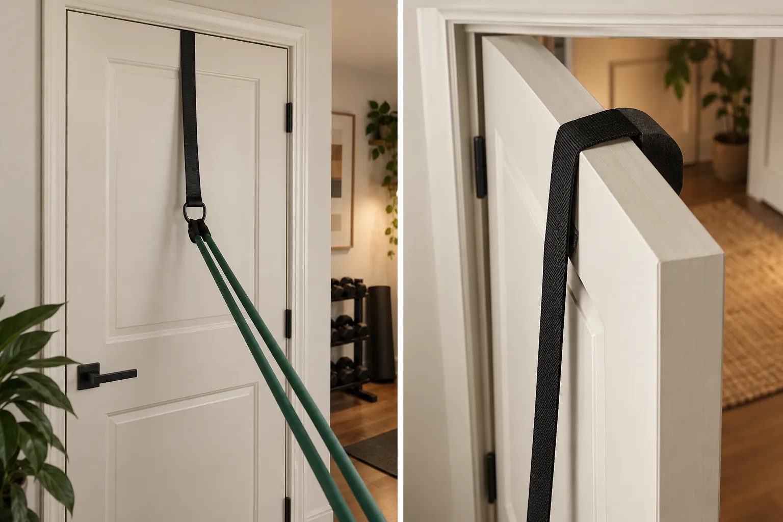 Close-up of a padded door anchor resting over the top edge of a closed door, showing the padded contact area protecting the surface.