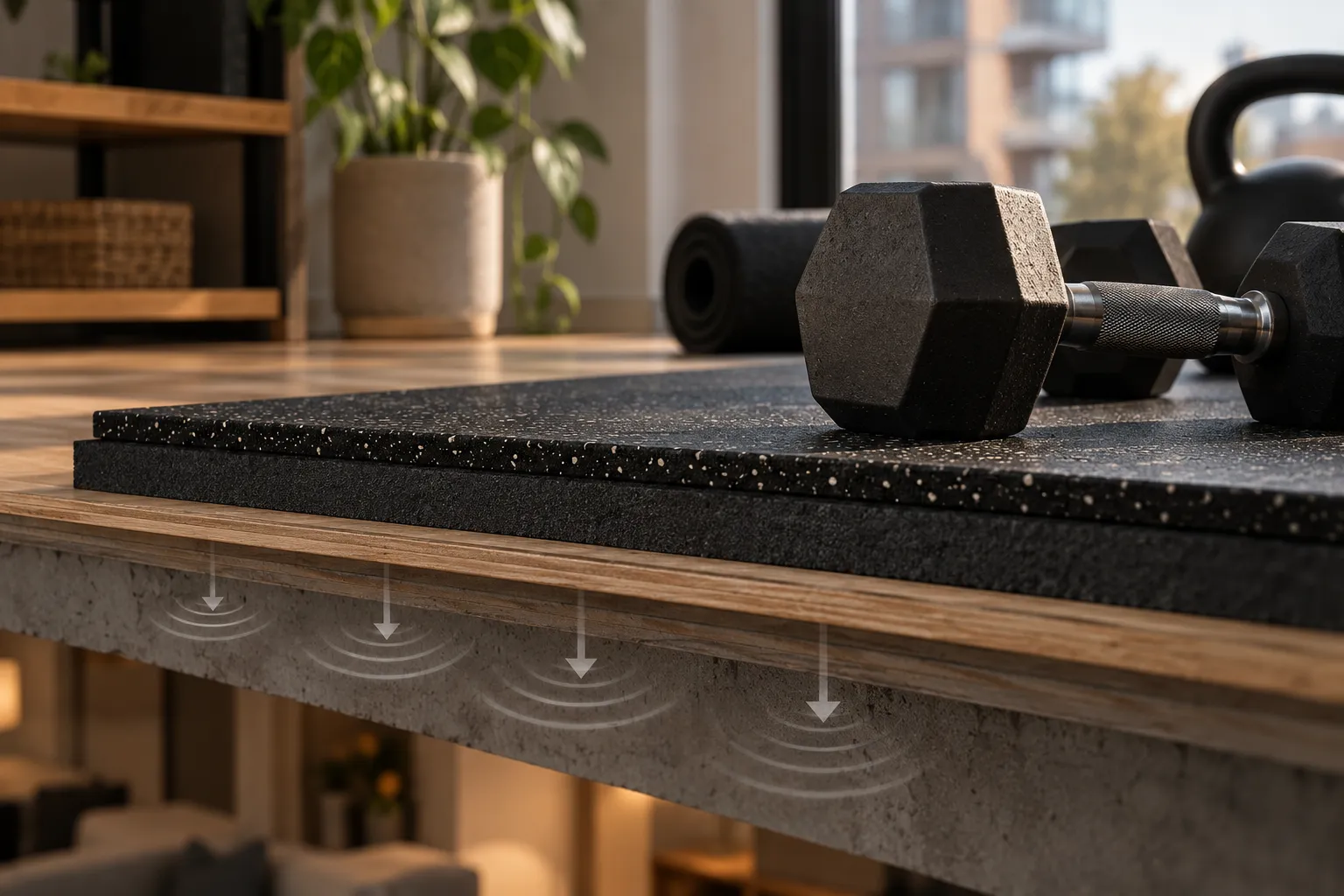 Close-up of a coated dumbbell resting on layered rubber flooring above a floor structure, illustrating cushioning between equipment and the building.