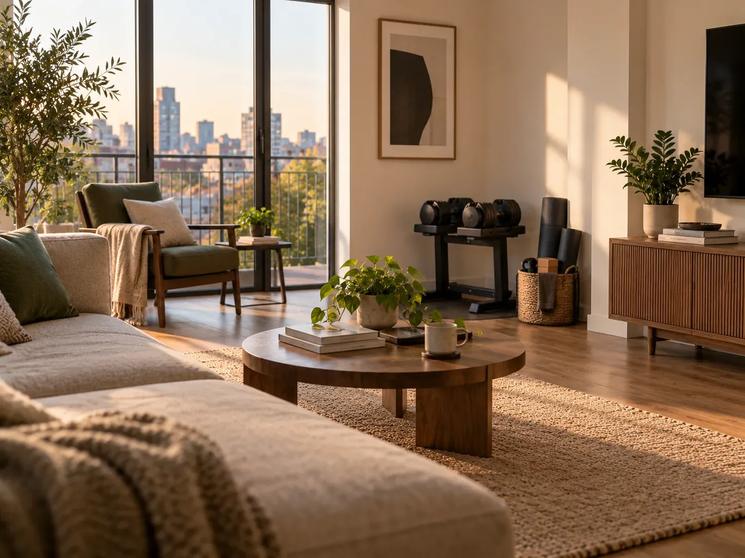 A wide view of a small-apartment living room after a workout, with weights, a rolled mat and accessories returned to one storage corner and the rest of the room untouched.
