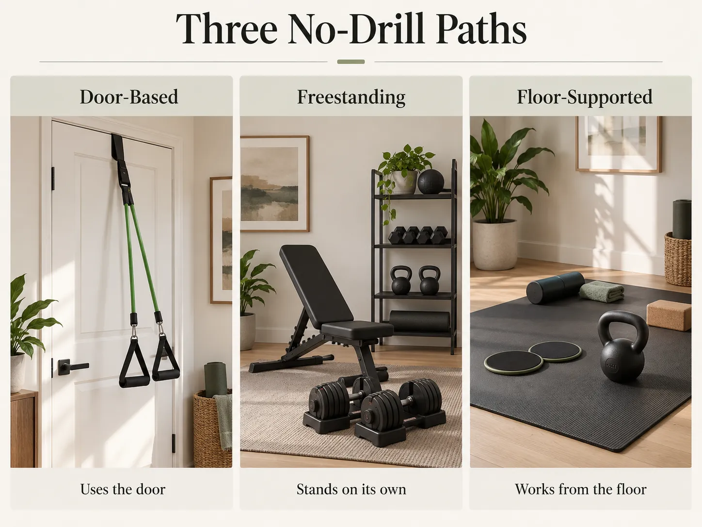 An editorial diagram sorting no-drill training into three paths: door-based, freestanding, and floor-supported.