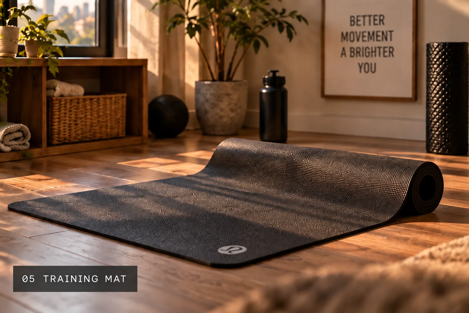 A rolled training mat standing beside a window.