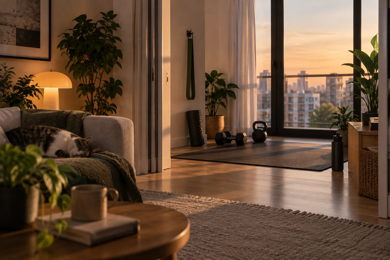 A wide, atmospheric view of a quiet apartment training corner in soft evening light, with compact equipment stored neatly beside the living area.