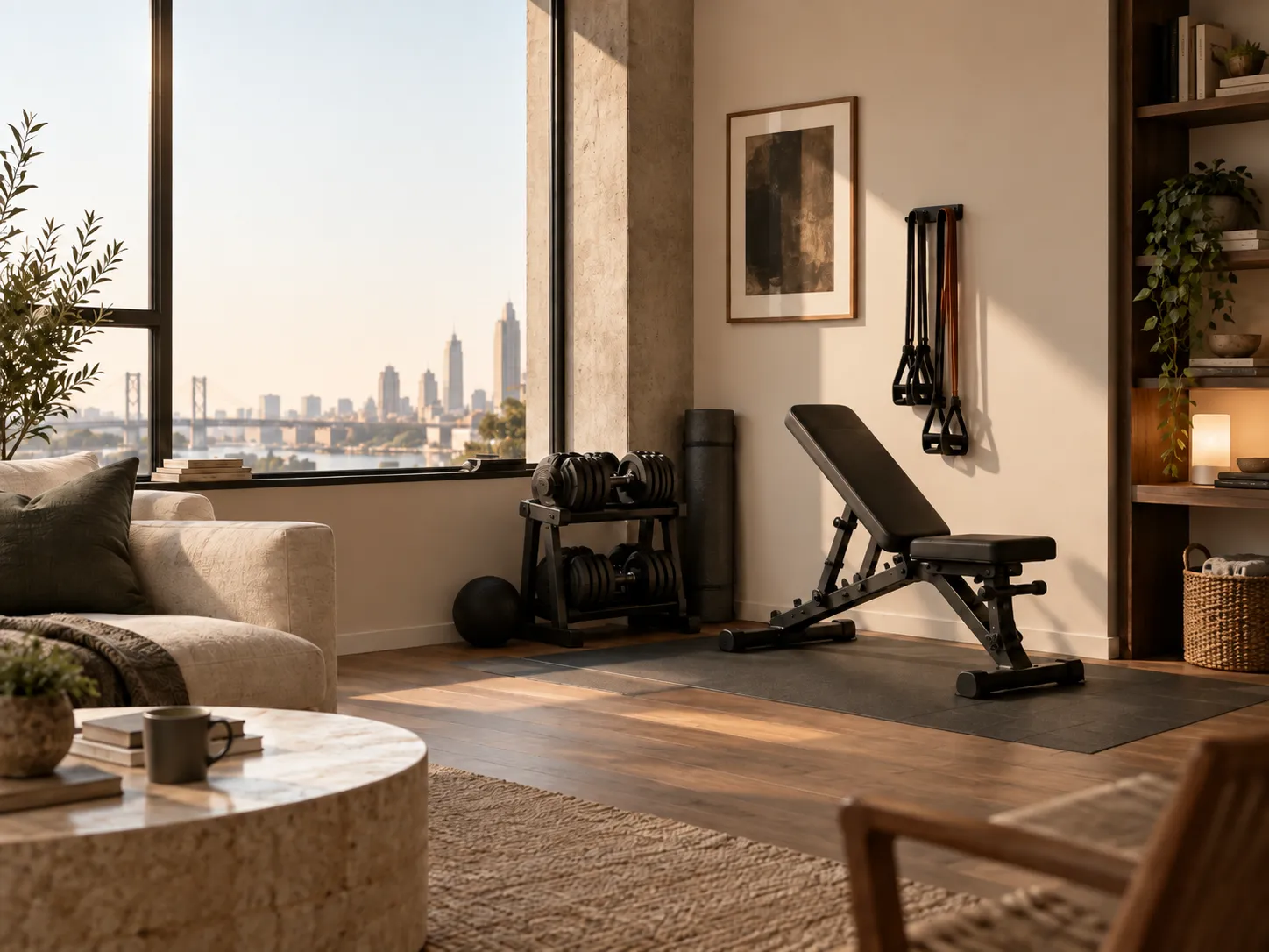 Compact strength-training setup with an adjustable bench and dumbbells integrated into a modern apartment living room.